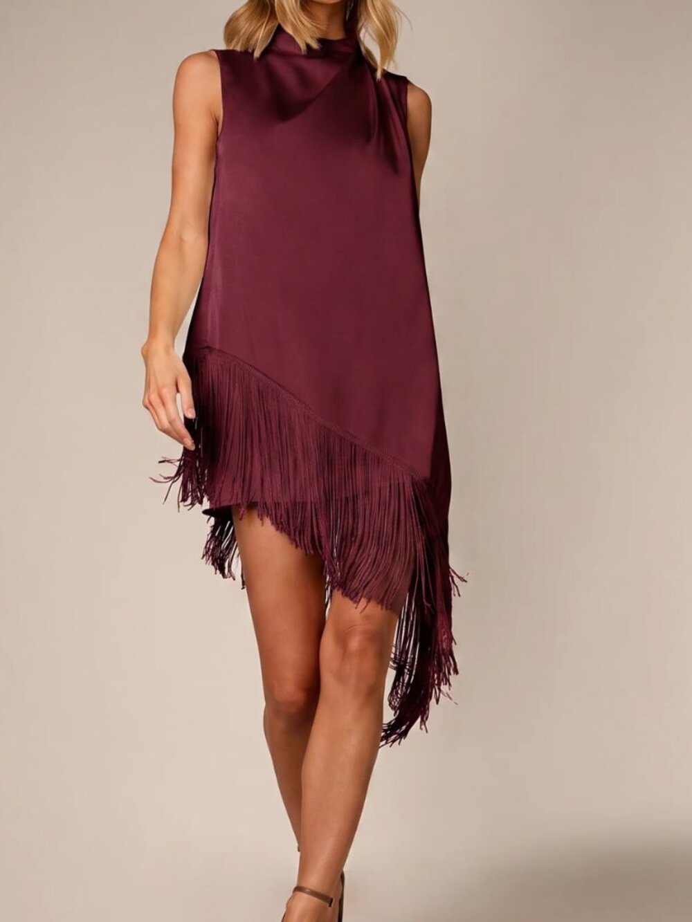 Burgundy Elegant Women's Fringe Mini Dress With Asymmetric Hem